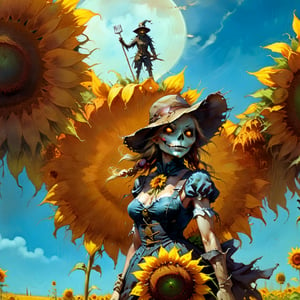  solo focus, hd, 8k, vintage illustration, A vintage-inspired scarecrow standing proudly in a sunflower field, with a worn-out hat and a rusty pitchfork. , masterpiece, award winning illustration by Frank Frazetta, a sexy female scarecrow, DarkFantasy, dark atmosphere, advntr,fr4z3tt4