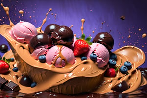 a macroscopic photograph of strawberry ice cream with cherry cream, ice cubes, maraschino cherries, blueberries, lychees , hundreds and thousands, dark chocolate sauce, nuts, mint leaves, splashing dark chocolate sauce, in a gradient honey  coloured background, fluid motion, dynamic movement, cinematic lighting, palette knife, digital artwork by Beksinski,action shot,sweetscape, 3D, oversized fruit, caramel theme, art by Klimt, airbrush art, food photography, food explosion background