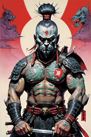 samurai, wearing full battle armour, Horror Comics style, art by brom, tattoo by ed hardy, shaved hair, neck tattoos andy warhol, heavily muscled, biceps,glam gore, horror, demonic, hell visions, demonic women, military poster style, asian art, chequer board,japanese flag, wearing a gee, 