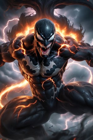 In a majestic, HD, 8K composition, a close up mid shot, the stunning figure of Venom, assumes a dramatic pose. Framed against fiery clouds, lightening, and a turbulent sky,Venoms gaze meets the viewer's, eyes gleaming with intensity,  he appears to scan the horizon. The illustration exudes a sense of heroic fantasy, reminiscent of Dungeons and Dragons, as if venom is about to embark on an epic adventure, wispy storm clouds, lightening, foggy turbulent sky,action shot