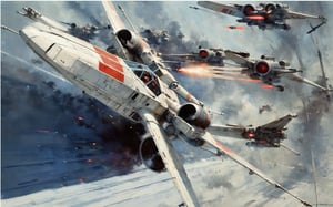 art by john berkey, a masterpiece, stunning detail, a rebellion X-Wing flying along the death start trenches being chased by tie fighters, firing red laser missiles, high speed blur, action shot, 