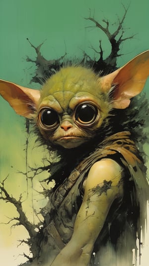 art by ralph steadman, art by brom, art by simon bisley, a masterpiece, ahighly detaikled, a star wars crearure, big boggly eyes, small dark pupil, bat like ears, short fluffy skin and fur, cling to a branch with small black scaley hands, sigma 1000 mm lens, f2.8, eyes in focus, 