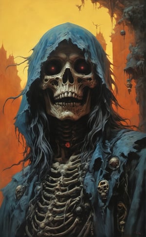 art by Masamune Shirow, art by J.C. Leyendecker, art by boris vallejo, a masterpiece, hyper-realistic oil painting, vibrant colors, Horror Comics style, art by brom, tattoo by ed hardy, a woman with half a skull face and half a human face, horror, dark chiarascuro lighting, a telephoto shot, 1000mm lens, f2,8 , , illustration,  ,perfecteyes,