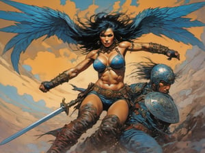 heaven poster, a warrior women, hair is wind blown, huge wings on her back, dramatic blue sky and angry lightening clouds behind her, long battle sword in her right hand, blood dripping from the sword, manga style, an oil painting, a masterpiece, art by TavitaNiko, art by Vallejo, art by Klimt , art by brom, tattoo by ed hardy, shaved hair, neck tattoos andy warhol, heavily muscled, biceps,glam gore, horror, demonic, hell visions, demonic women, military poster style, asian art, chequer board,