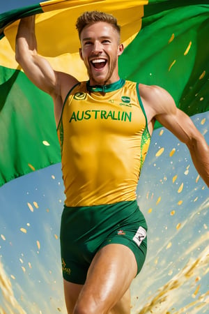 a mid section body shot photograph of a happy australian male athlete, he is wearing an australian olympic highjump  uniform, he is has an olympic  gold medal around his neck, his back and bottom are facing the viewer, very large green and gold flag background, fluid motion, dynamic movement, cinematic lighting, palette knife, digital artwork by Beksinski,action shot,sweetscape, art by Klimt, airbrush art, ,photo r3al,ice and water,close up,Movie Poster