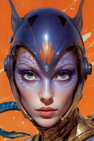 art by Masamune Shirow, art by J.C. Leyendecker, art by simon bisley, art by ralph steadman, a masterpiece, stunning beauty, hyper-realistic oil painting, star wars alien creatures, a portrait picture, incredible detail, fantasy portrait, alien skin, breathing apparatus, fish like skin, eel like noses, blue graffiti background,