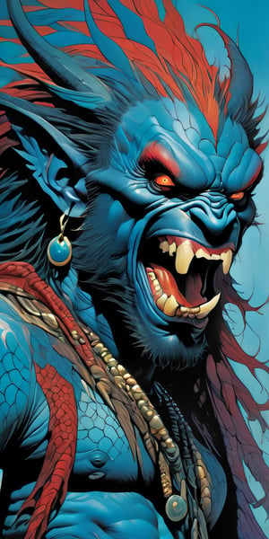close up of the mans face, a sexy black african mans arm and shoulder, man is staring screaming at the viewer, raging, long hair, the arm and shoulder are covered in a very detailed intricate red and blue dragon tattoo that is protruding outfrom the skin, coming alive, its screaming, scratching, similar to dragon tattoo by Boris Vallejo, slowly you see the small dragon tattoo in parts is coming out of the skin and becoming a real version of the tattoo, sticking out, scales, extended claws, spit, spittle, blood drops, 16K, movie still, cinematic, ,omatsuri,DonMn1ghtm4reXL