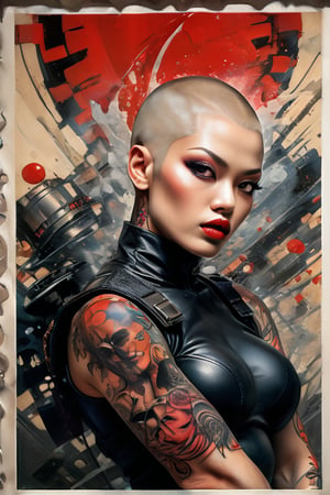 hell poster, manga style, an oil painting, a masterpiece, art by TavitaNiko, art by Vallejo, art by Klimt , art by giger, tattoo by ed hardy, shaved hair, neck tattoos andy warhol, heavily muscled, biceps,glam gore, horror, demonic, hell visions, demonic women, military poster style, asian art, chequer board,