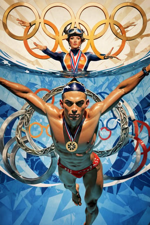 art by Masamune Shirow, art by J.C. Leyendecker, art by simon bisley, art by ralph steadman, a masterpiece, stunning beauty, hyper-realistic movie poster, 8k, olympic male athletes, bronze medal, silver medal, gold medal, olympic rings, swimming, a portrait picture,wearing country of origin uniform,  incredible detail, fantasy portrait, smooth skin,  kaleidoscope graffiti background, artint, frutiger, 