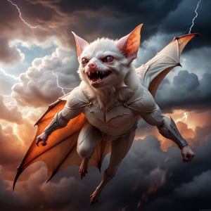 In a majestic, HD, 8K composition, a clse up mid shot, a stunning albino bat assumes a dramatic pose. Framed against fiery clouds, lightening, and a turbulent sky,the creature's gaze meets the viewer's, its eyes gleaming with intensity. Wings outstretched, it appears to scan the horizon for wind currents. The illustration exudes a sense of heroic fantasy, reminiscent of Dungeons and Dragons, as if this majestic bat is about to embark on an epic adventure, wispy storm clouds, lightening, foggy turbulent sky,action shot