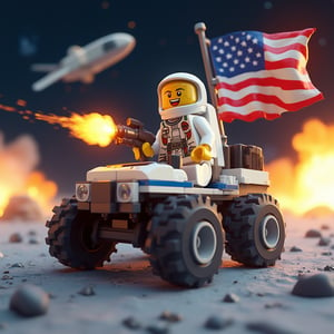 An 3d lego block cartoon scene featuring buzz aldrin riding the lunar rover at full throttle jumping over moon craters, and firing a gun in the airr. The American flag waves proudly behind him as an alien spacecraft soars through the sky. In the background, massive explosions light up the scene.