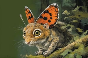 art by ralph steadman, art by brom, art by simon bisley, a masterpiece, ahighly detailed, a scj fi type creature, big bright boggly eyes, small dark pupil, butterfly like ears, short fluffy skin and fur, cling to a branch with small black scaley hands, bushy forest backdrop, sigma 1000 mm lens, f2.8, eyes in focus, 
