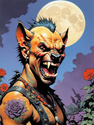 hip hyena growling, howling at the moon, Horror Comics style, art by brom, tattoo by ed hardy, shaved hair, neck tattoos andy warhol, heavily muscled, biceps,glam gore, horror, hyena , demonic, hell visions, demonic women, military poster style, chequer board, vogue bear portrait, Horror Comics style, art by brom, smiling, lennon sun glasses, punk hairdo, tattoo by ed hardy, shaved hair, neck tattoos by andy warhol, heavily muscled, biceps, glam gore, horror, poster style, flower garden,
