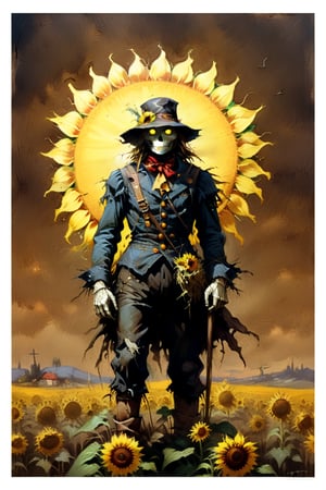  solo focus, hd, 8k, vintage illustration, A vintage-inspired scarecrow standing proudly in a sunflower field, with a worn-out hat and a rusty pitchfork. , masterpiece, award winning illustration by Frank Frazetta, a sexy female scarecrow, DarkFantasy, dark atmosphere, advntr,fr4z3tt4