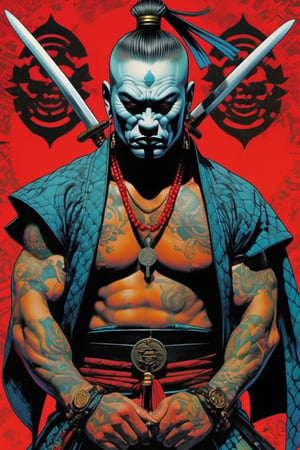 samurai, Horror Comics style, art by brom, tattoo by ed hardy, shaved hair, neck tattoos andy warhol, heavily muscled, biceps,glam gore, horror, demonic, hell visions, demonic women, military poster style, asian art, chequer board,