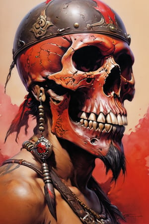 cinematic reality, film, chiarosaurio, depth of field, shadows, reflection, sparks, mists, skull with red military cap, sharp focus, detailed features, blood, tribal tattoos on the skull cheeks and jaw, 