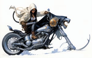 art by Masamune Shirow, art by J.C. Leyendecker, art by boris vallejo, art by brom, art by simon bisley, a masterpiece, a dude riding a hells harleydavidson, a hotted up sexy bike sled, a chrome wolf head styled fuel container, ape hanger handlebars, wearing a hooded cloak, looking fucking cool, 