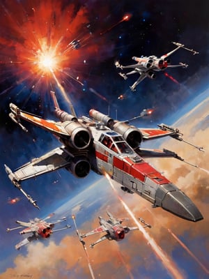 art by john berkey, a masterpiece, stunning detail, a rebellion X-Wing flying through the galaxy, firing red laser missiles 