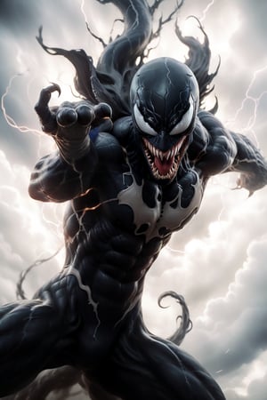 In a majestic, HD, 8K composition, a close up mid shot, the stunning figure of Venom, assumes a dramatic pose. Framed against fiery clouds, lightening, and a turbulent sky,Venoms gaze meets the viewer's, eyes gleaming with intensity,  it appears to scan the horizon. The illustration exudes a sense of heroic fantasy, reminiscent of Dungeons and Dragons, as if venom is about to embark on an epic adventure, wispy storm clouds, lightening, foggy turbulent sky,action shot