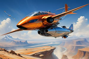 Create a visionary flying car that pushes the boundaries of design and technology. The machine is soaring above stunning landscapes, enclosed in a transparent cockpit that offers panoramic views. This cutting-edge vehicle utilizes advanced materials, renewable energy sources, and intuitive controls, redefining personal transportation and opening up new horizons for exploration. by john Berkey, art by chris foss, Highest quality,  detailed and intricate,  racing speed, modern colours, original shot, more detail XL, no humans,H effect,cyborg style