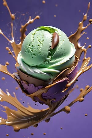 an extreme close up, macro photograph of chocolate chip mint ice cream with lime milk cream, in a stylish modern glass, ice cubes, nuts, mint leaves, splashing milk cream, in a gradient purple background, fluid motion, dynamic movement, cinematic lighting, Mysterious, golden ratio, fake detail, trending pixiv fanbox, acrylic palette knife, style of makoto shinkai studio ghibli genshin impact james gilleard greg rutkowski chiho aoshima,digital artwork by Beksinski,action shot