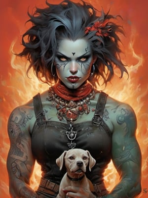 Dorothy from the wizard of oz, a tin man, a scarecrow man, a lion man, Horror Comics style, art by brom, tattoo by ed hardy, shaved hair, neck tattoos andy warhol, heavily muscled, biceps,glam gore, horror, Toto the dog, (((tornado))), Kansas, oz, demonic, hell visions, demonic women, military poster style, (((tornado))), Kansas farm, (((twister tornados)))