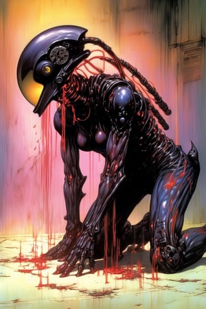 art by Masamune Shirow, art by J.C. Leyendecker, a masterpiece, stunning beauty, hyper-realistic oil painting, vibrant colors, a xenomorph, dark chiarascuro lighting, dripping blood and sweat, messed up, battling human troopers, a telephoto shot, 1000mm lens, f2,8, ,digital artwork by Beksinski, nipples, GIRL space helmet WITH see through visor, HOLDING A MACHINE GUN WITH BOTH HANDS, ,Gopn1k,acidzlime,beyond_the_black_rainbow,action shot, cinematic moviemaker style,Nikon Shoot