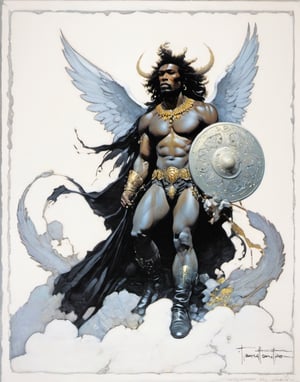 an oil painting, a masterpiece, a black male angel, wings spread,  art by TavitaNiko, art by mel odom, art by Klimt , art by brom, art by Warhol, art by frazetta, 