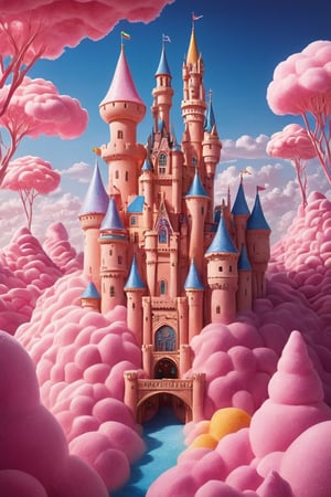 In a breathtakingly rendered fantasy landscape, a majestic castle rises high on a hill, its flags waving majestically in the gentle breeze. Turrets stretch towards the sky, adorned with intricate details and vibrant colors. The sweet-scented village below is a kaleidoscope of tropical delights: rainbow cotton candy clouds, pink icing shaped buildings, sugar-coated trees, and shimmering fruit stands. Dramatic lighting casts a warm glow, accentuating rounded corners and sparkling textures. A gradient of colors blooms across the scenery, from deep blues to radiant yellows. The overall effect is a sumptuous, 8K masterpiece that transports viewers to a whimsical world of wonder.