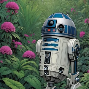 r2d2 , Horror Comics style, art by Bron, lennon sunglasses, punk hairdo, tattoo by ed hardy, shaved hair, neck tattoos by andy warhol, heavily muscled, biceps, glam gore, horror, poster style, flower garden, 