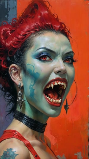 art by Masamune Shirow, art by J.C. Leyendecker, art by boris vallejo, a masterpiece, a female vampire, showinh her sharp teeth, stunning beauty, hyper-realistic oil painting, vibrant colors, Horror Comics style, art by brom, tattoo by ed hardy, a woman, shaved hair, neck tattoos by andy warhol, heavily muscled, biceps,glam gore, covered heavily in crisp dark  demonic tattoos, horror, demonic, hell visions, demonic women, military poster style, asian art, chequer board, dark chiarascuro lighting, a telephoto shot, 1000mm lens, f2,8 , graffiti style , abstract, illustration,  ,artint,3D,perfecteyes,digital artwork by Beksinski,nipples,FieldSauce, small  breasts