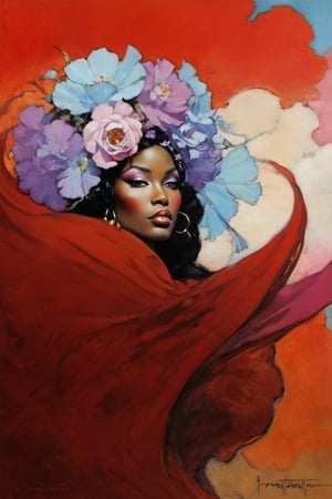 Gay, art nouveau style, an oil painting, a masterpiece, a hot black women, Irene Tutu from Mangaia, she is built for pleasure, ample breasts and bottom, she has it and knows it,  art by TavitaNiko, art by mel odom, art by Klimt , art by brom, art by Warhol, art by frazetta, poster style, Russian art, pink, baby blue, lilac, feminine, 