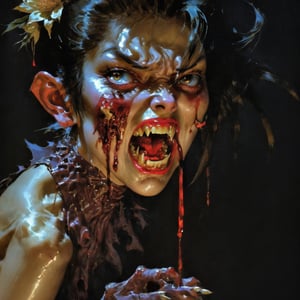 art by Masamune Shirow, art by J.C. Leyendecker, a masterpiece, stunning beauty, hyper-realistic oil painting, vibrant colors, a vampire , dark chiarascuro lighting, dripping blood and sweat, messed up, battling humans, a telephoto shot, 1000mm lens, f2,8, ,horror,Vogue,Asian folklore 