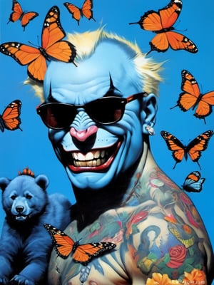 Blue bear with many baby bears, Horror Comics style, art by brom, tattoo by ed hardy, shaved hair, neck tattoos andy warhol, heavily muscled, biceps,glam gore, horror, blue bear, demonic, hell visions, demonic women, military poster style, chequer board, vogue bear portrait, Horror Comics style, art by brom, smiling, lennon sun glasses, punk hairdo, tattoo by ed hardy, shaved hair, neck tattoos by andy warhol, heavily muscled, biceps, glam gore, horror, poster style, flower garden, Easter eggs, coloured foil, oversized monarch butterflies, tropical fish, flower garden,