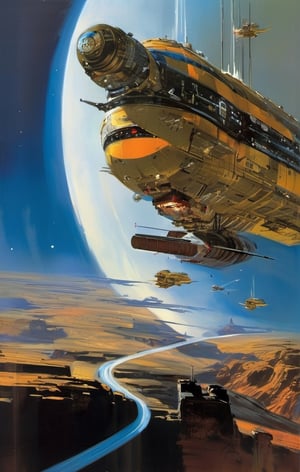 spaceship travelling past a planet, in space, ultra quality, highly detailed, art by john Berkey, art by chris foss,