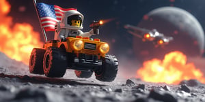 An 3d lego block cartoon scene featuring buzz aldrin riding the lunar rover at full throttle jumping over moon craters, and firing a gun in the airr. The American flag waves proudly behind him as an alien spacecraft soars through the sky. In the background, massive explosions light up the scene.