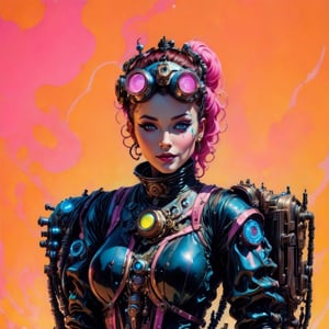 a rusty and silver spotted steampunk spacesuit, women looking directly out to viewer, wry smile on her face, neon face with multiple coloured circuits on it, full body, full face visor translucent spotted pink colour, in the style of futuristic space, glamour,Steam punk steam punk animated gifs, xenomorph lookalike adornments, gun in hand, algorithmic artistry, frank frazetta style, perfect makeup, boris vallejo, pop art consumer culture, plain neon steampunk background, full figure pose,dripping paint,Leonardo Style,blacklight makeup,oni style,vaporwave style