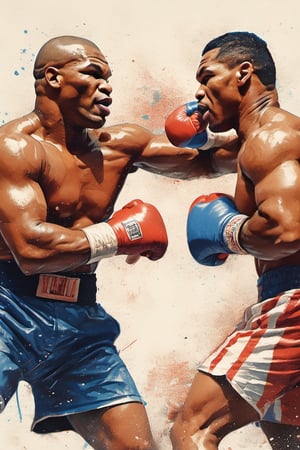 Mike Tyson , in a boxing ring at madison square gardens, close up portrait shot of two fighters punching each other, full force, full impast, sweat, knocking Jake Paul to the canvas with an uppercut punch, stipple, crosshatching, 5 colour monochromatic art, borders, (((art poster by gian galang))), (((art style by gian galang))), (((design by gian galang))) , neck tattoos by andy warhol, heavily muscled, biceps, fight poster style, asian art, chequer board, mma, octogon, bright contrasting colours, stipple, black n white, ,action shot
