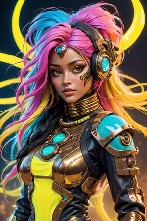 a masterpiece, stunning beauty, perfect face, epic love, Slave to the machine, full-body, hyper-realistic oil painting, vibrant colors, Body horror, wires, , native american war bonnet, a rusty and silver spotted steampunk spacesuit, women looking directly out to viewer, wry smile on her face, neon face with multiple coloured circuits on it, full face visor translucent dirty yellow colour, in the style of futuristic space, glamour, Steam punk steam punk animated gifs, xenomorph lookalike adornments, gun in hand, algorithmic artistry, frank frazetta style, perfect makeup, boris vallejo, pop art consumer culture, plain neon steampunk background, full figure pose, dripping paint, Leonardo Style, blacklight makeup, oni style,