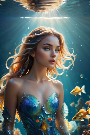 In the shimmering depths of the ocean abyss, an attractive young mermaid glides effortlessly (((Humanoid beings with the upper body of a human and the lower body of a fish)))  she moves her tail with grace and allure, The underwater world around her is alive with corals, sea creatures, and dappled sunlight filtering through the water's surface. Capture a full-body view from head to toe of this mesmerizing sea nymph, emphasizing the fluidity of her movements and the intricate details of her surroundings, barefoot, hands detailed, full body, perfect body, seductively pose, extremely charming, alluring scene, mysterious ancient fantasy world, cinematic photography, captured with professional DSLR camera, octane render, studio photo, 32k, ultra detailed, ultra sharp focus, golden ratio, 50 multicoloured different aquarium fish swimming around her face, small bubbles, flotsam, jetsum, plankton, seahorses, seaswirl, ultra wide shot,a girl formed of colored glaze,IncrsXLRanni,perfecteyes