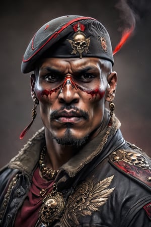 cinematic reality, film, chiarascurio, very short depth of field inches, 1000 mm tamron lens f1,8, shadows, reflection, sparks, mists, skull with red military cap, sharp focus, detailed features, blood, tribal tattoos on the skull cheeks and jaw,