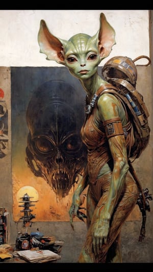 art by Masamune Shirow, art by J.C. Leyendecker, art by simon bisley, art by ralph steadman, a masterpiece, stunning beauty, hyper-realistic oil painting, star wars alien creatures, a portrait picture, incredible detail, fantasy portrait, smooth skin,  kaleidoscope graffiti background, Vogue, artint, frutiger, 