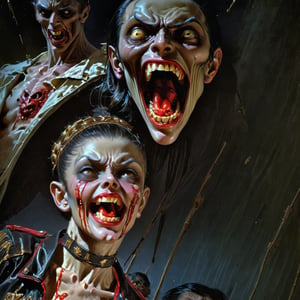 art by Masamune Shirow, art by J.C. Leyendecker, a masterpiece, stunning beauty, hyper-realistic oil painting, vibrant colors, a vampire , dark chiarascuro lighting, dripping blood and sweat, messed up, battling humans, a telephoto shot, 1000mm lens, f2,8, ,horror,Vogue