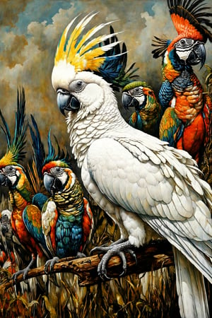 peacocks, zebra stripes,white cockatoo, baroque style, art by sergio toppi, art design by sergio toppi, military poster style, ,more detail XL,close up,Oil painting, 8k, highly detailed, in the style of esao andrews, a clse up oil portrait of a beautiful group of birds, 