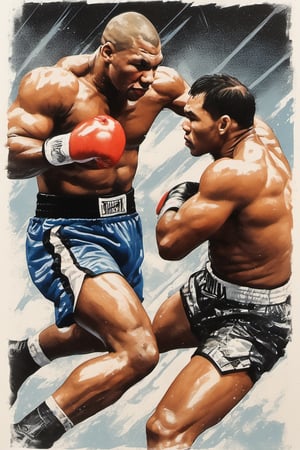 Mike Tyson , in a boxing ring at madison square gardens, knocking Jake Paul to the canvas with an uppercut punch, stipple, crosshatching, 5 colour monochromatic art, borders, (((art poster by gian galang))), (((art style by gian galang))), (((design by gian galang))) , neck tattoos by andy warhol, heavily muscled, biceps, fight poster style, asian art, chequer board, mma, octogon, bright contrasting colours, stipple, black n white, ,action shot