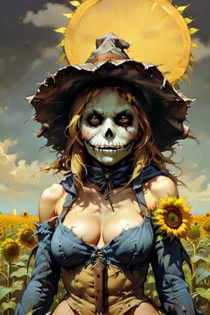 solo focus, hd, 8k, vintage illustration, A vintage-inspired scarecrow standing proudly in a sunflower field, with a worn-out hat and a rusty pitchfork. , masterpiece, award winning illustration by Frank Frazetta of a back view female sexy, bending over, armored hooded DarkFantasy, dark atmosphere, advntr,fr4z3tt4 