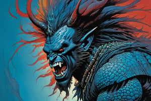 close up of the mans face, a sexy black african mans arm and shoulder, man is staring screaming at the viewer, raging, long hair, the arm and shoulder are covered in a very detailed intricate red and blue dragon tattoo that is protruding outfrom the skin, coming alive, its screaming, scratching, similar to dragon tattoo by Boris Vallejo, slowly you see the small dragon tattoo in parts is coming out of the skin and becoming a real version of the tattoo, sticking out, scales, extended claws, spit, spittle, blood drops, 16K, movie still, cinematic, ,omatsuri,DonMn1ghtm4reXL,DonMWr41thXL ,potma style,monster,retropunk style,Starship