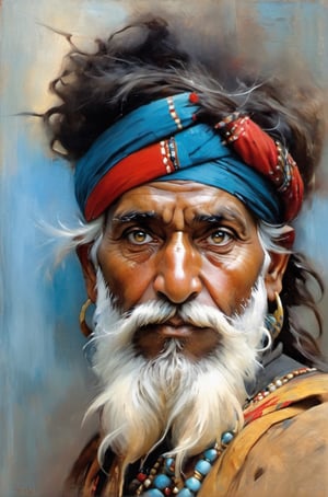 art by john singer sargent, art my monet, art by Ivana Besevic, art by Mia Bergeron, lighting style by rembrandt, an oil painting portrait,  close cropped, face only, an old indian mans face, wearing a black turban decorated with gold and red indian ornaments, very detailed straggly beard,detail in hair, detail in the eyes, detail in the hair and beard, focus on the eyes, piercing bright light blue eyes, very detailed eyes, looking away inyo the distance, 