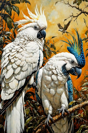 peacocks, zebra stripes,white cockatoo, baroque style, art by sergio toppi, art design by sergio toppi, military poster style, ,more detail XL,close up,Oil painting, 8k, highly detailed, in the style of esao andrews, a clse up oil portrait of a beautiful group of birds, 