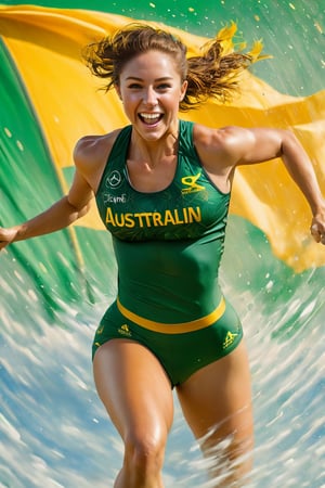 a mid section body shot photograph of a happy australian female athlete, she is wearing an australian olympic uniform, she is wearing an olympic  gold medal around her neck, her back and bottom are facing the viewer, very large green and gold flag background, fluid motion, dynamic movement, cinematic lighting, palette knife, digital artwork by Beksinski,action shot,sweetscape, art by Klimt, airbrush art, ,photo r3al,ice and water,close up,Movie Poster